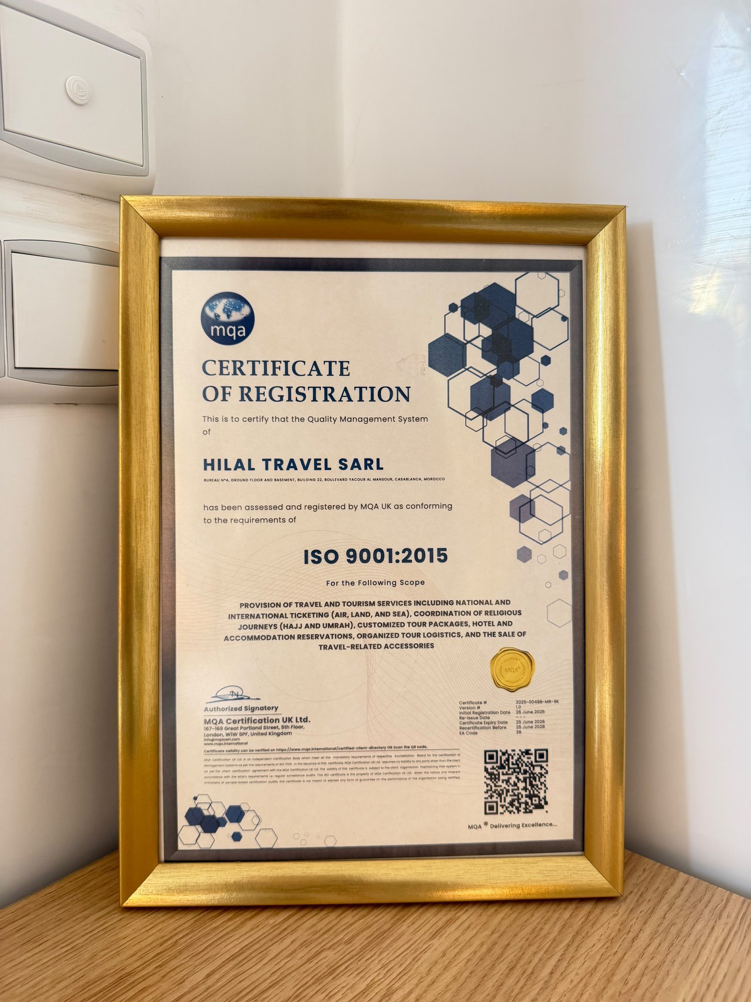 Certificat ISO encadré Hilal Travel